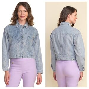 Joseph Ribkoff Gemstone Studded Cropped Denim Blue Jean Jacket Medium #212900